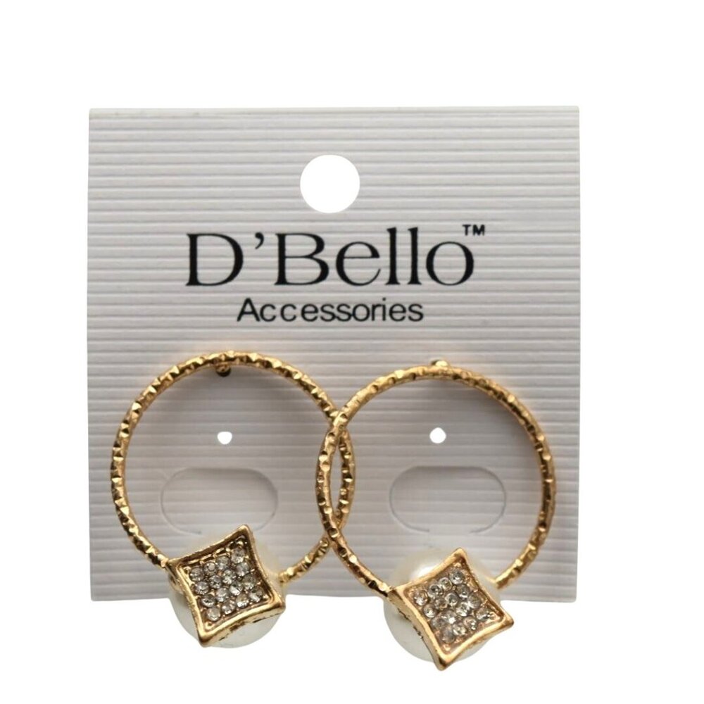 Gold Tone Dangle Earrings With Faux Pearl Rhinestone Accents By DBello